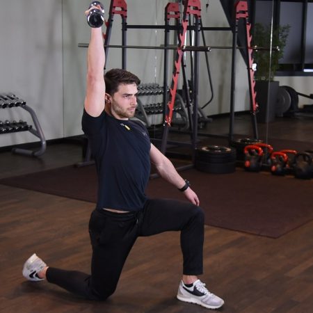 Wyciskanie hantla nad głowę w klęku jednonóż